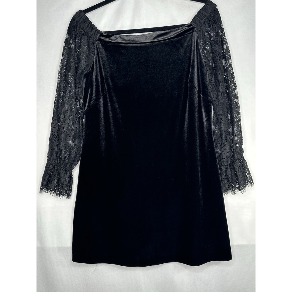 White House Black Market Black Velvet Off-Shoulder Shift Dress Lace Sleeves Sz16